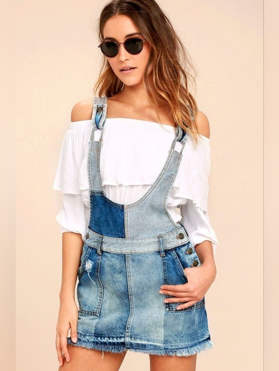 Free People Dresses & Skirts - ​Free People Patchwork Blues Denim Pinafore Dress Skirtall Jumper 0 EUC Boho